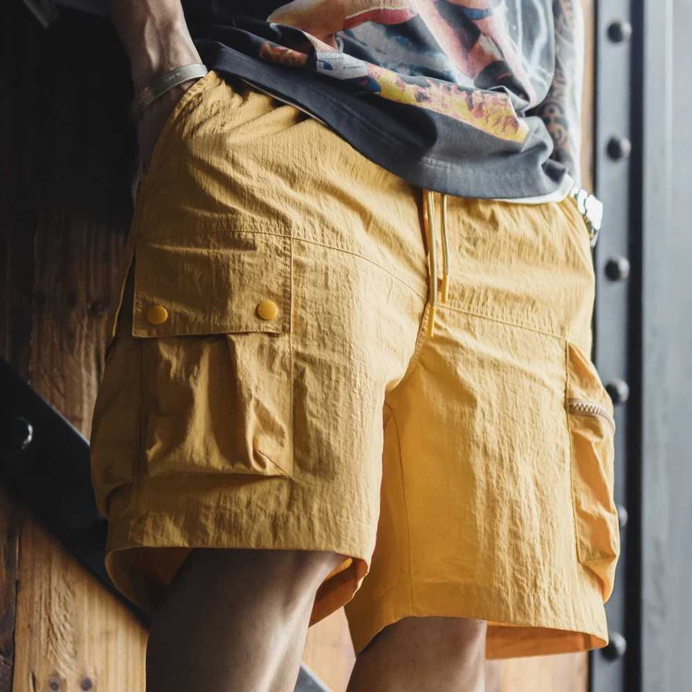 Maden Outdoor Yellow Cargo Shorts Mens Summer Quick-Dry Lightweight Sports Shorts with Drawstring Waist Multi-Pocket Bottoms W250705