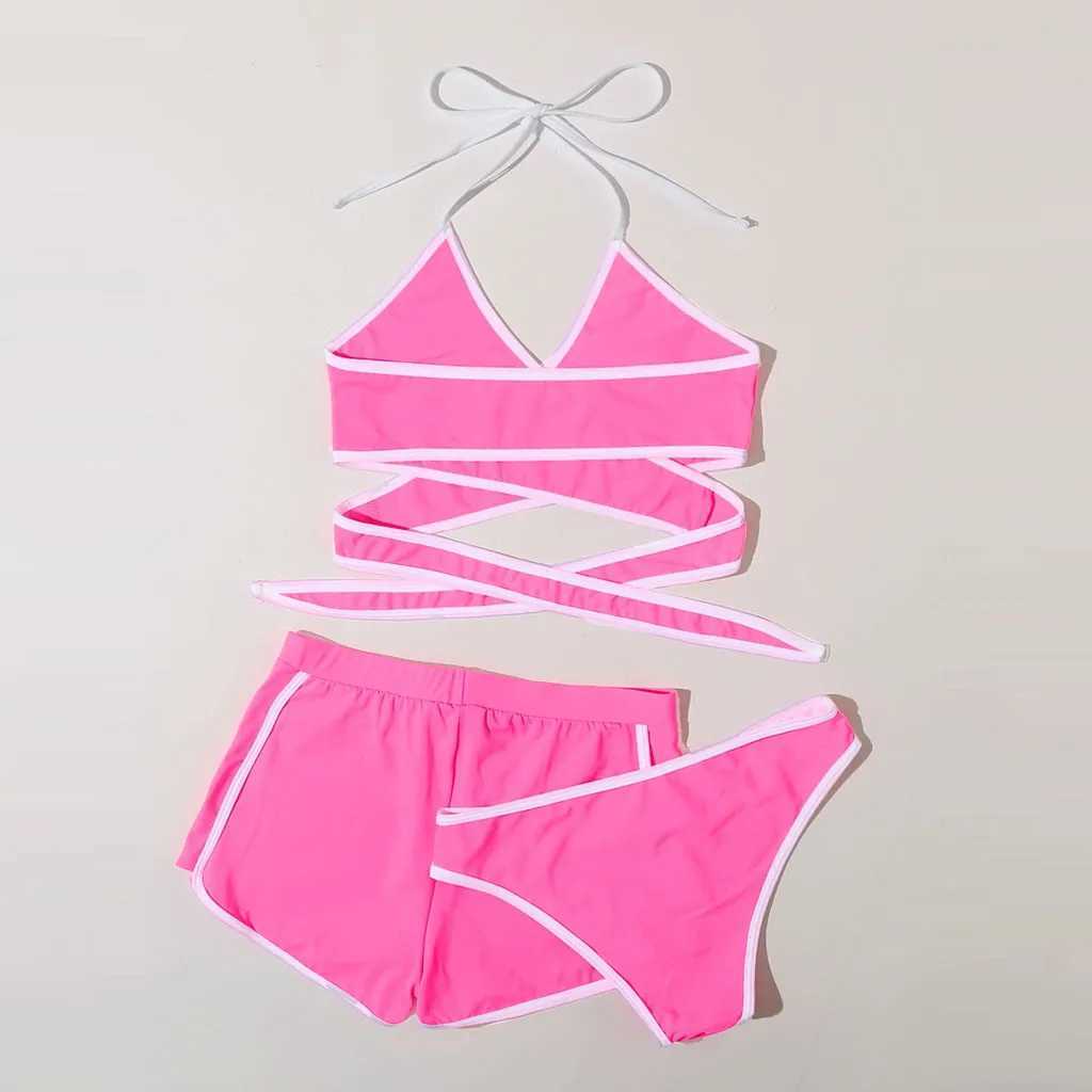 Summer Womens Three-piece Swimwear Fashion Bikini Beachwear Plus Size Swim Suits Triangle Cup Cross Bandage Swimsuit 2025 XJ250624