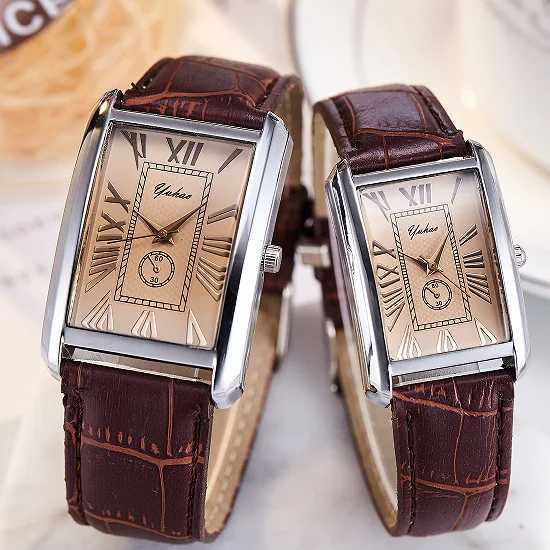 Fashion Couple Watch Luxury Rectangle Dial Women Quartz Watch Men Leather Band Casual Women Leather Wristwatch Mens Watch W250704