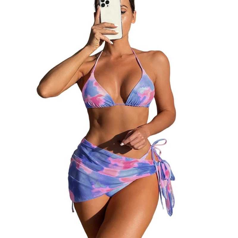Fashion Tie Dye Bathing Suit for Women 3 Pieces Lace Up Swimsuit Halter Bikinis G99D XJ250624