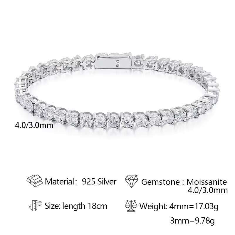 Hip Hop 3mm 4mm Moissanite 925 Sterling Silver Vvs Moissanite Diamond Tennis Chain GRA Certified Unisex Bracelet