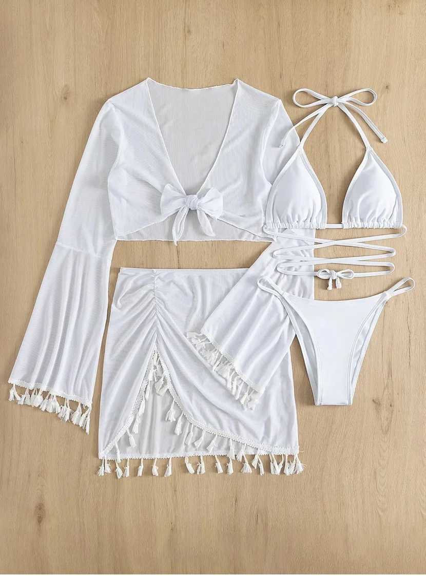 Four Pieces Swimsuit Bikini Set Cover Up For Women Halter Padded Bra Bathing Suit Long Sleeve Strappy Tassel Sarongs Beachwear XJ250624