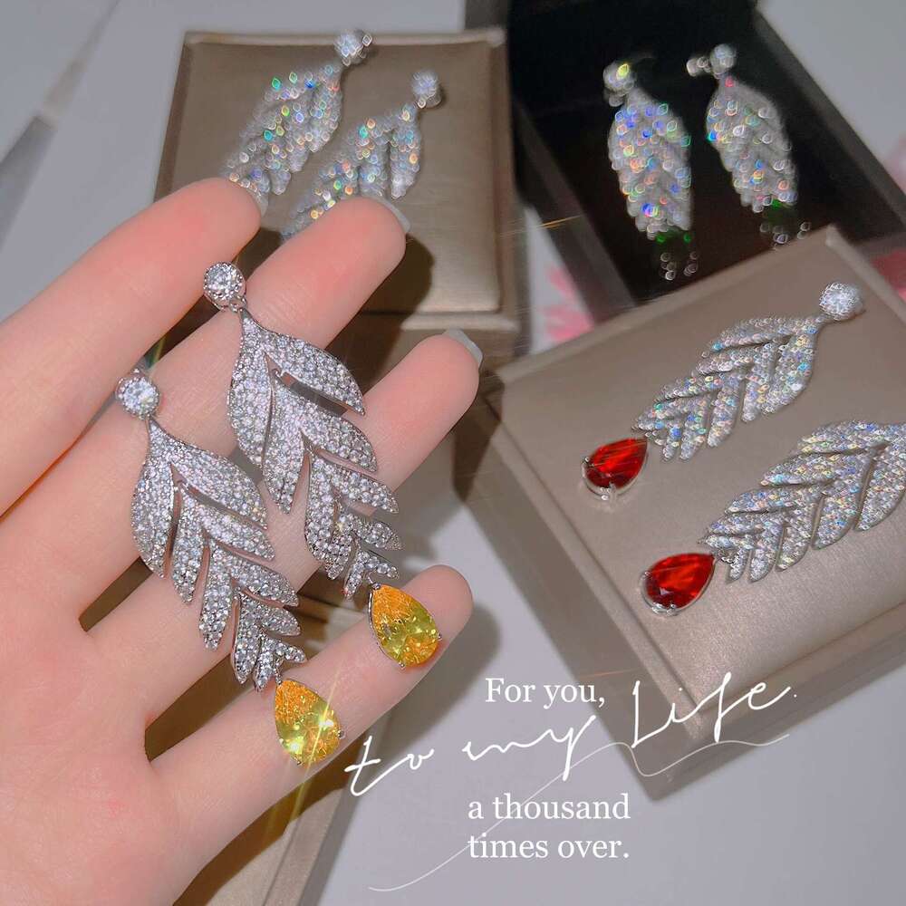Micro Pave Full Dia Style New Water Colorful Gem Large Leaf Elegant Women's Drop Earrings 953