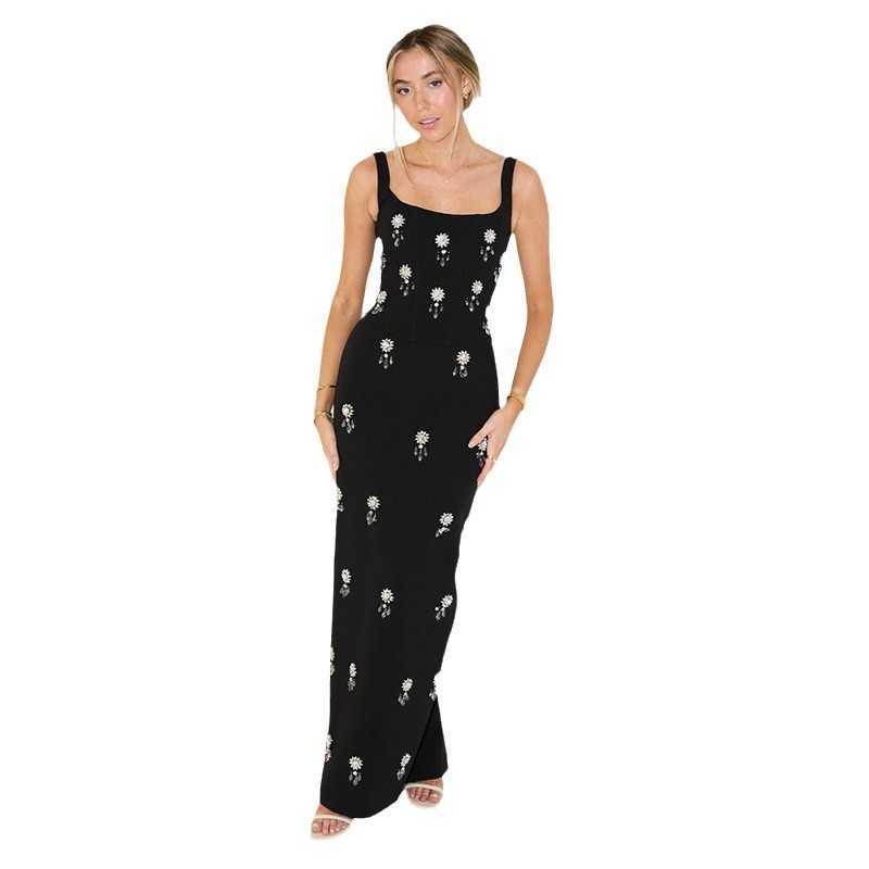 Fashion Evening Dress Women's Sleeveless Square Neck Crystal Embellished Socialite Style Backless Slit Long Dress Set
