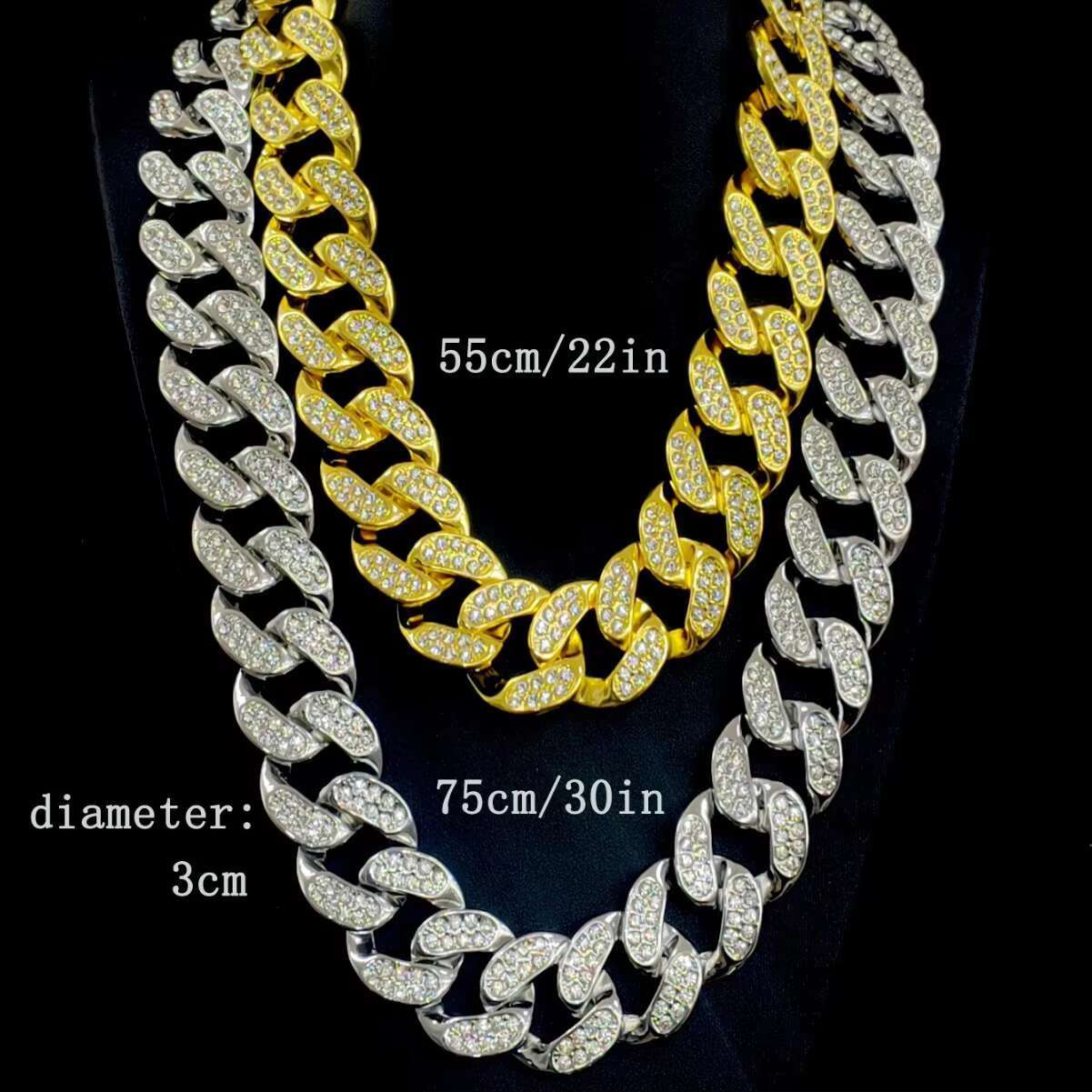 Factory Hot Sell Silver Gold Metal Color Iced Out Alloy and Rhinestone Hip Hop 30MM Width Chunky Cuban Link Chain Necklace