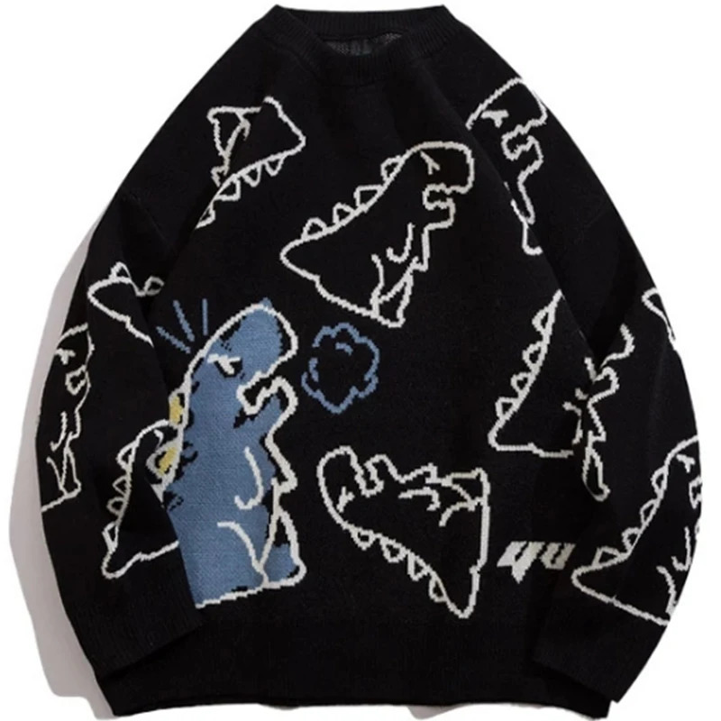 Sweater Men Harajuku Fashion Knitted Hip Hop Streetwear Dinosaur Cartoon Pullover Oversized Casual O-Neck Women Vintage Sweaters 250704