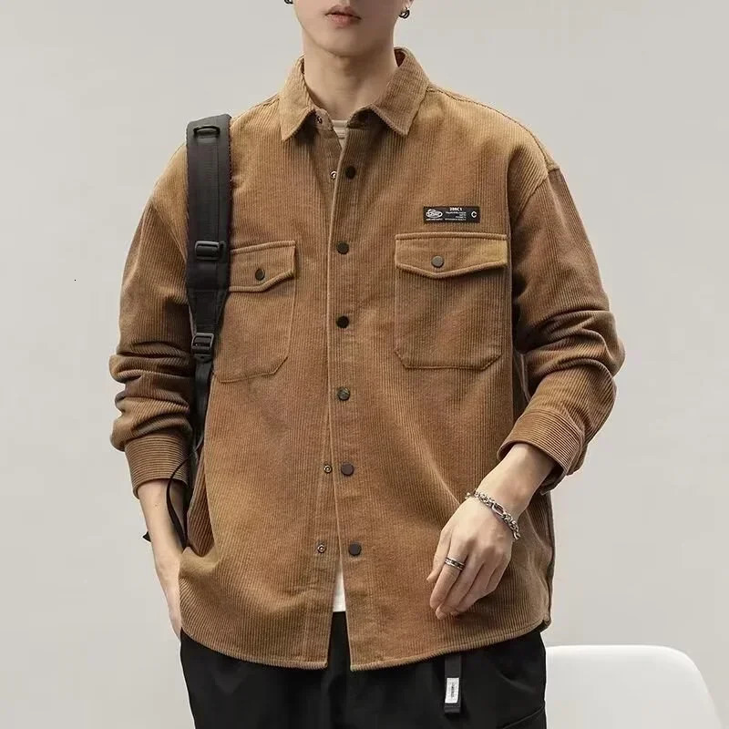 Autumn Long Sleeve Corduroy Shirts Mens Korean Fashion Y2K Vintage Casual Baggy Blouses Appliques Streetwear Cargo Shirt 250704