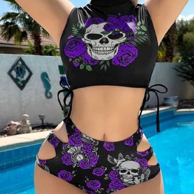 EUropean and American sexy bikini swimsuit new flower skull tight two-piece set cross-border swimsuit womens beachXJ250624