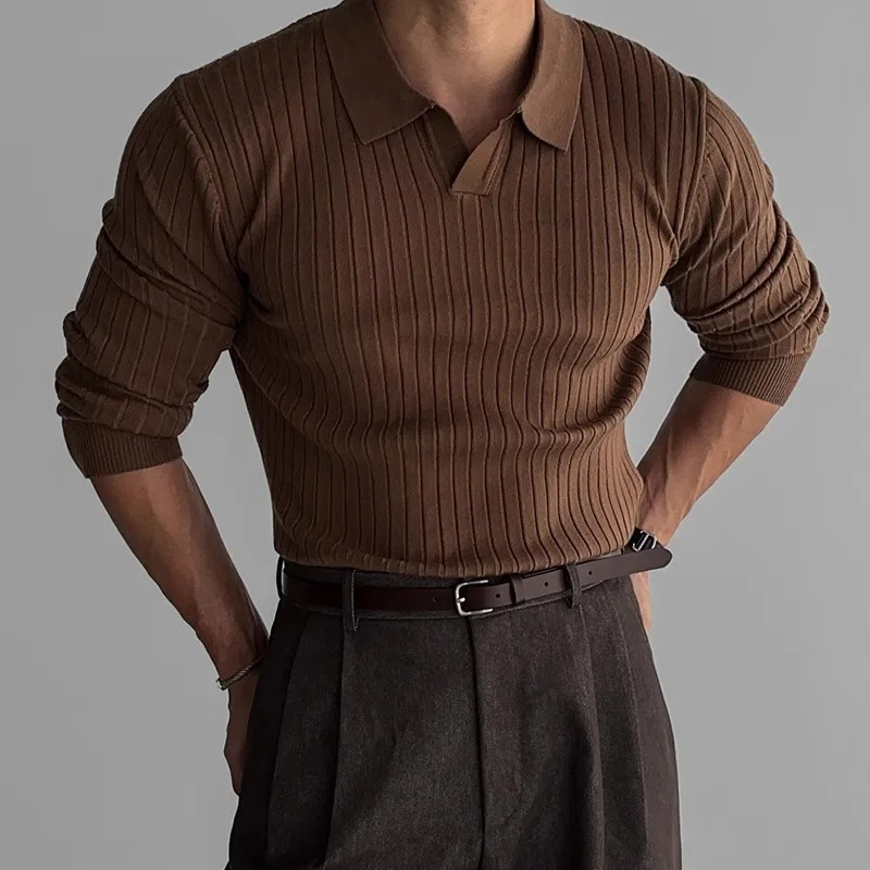 Spring Mens Clothing Retro Knit Lapel Striped Polo Shirt Solid Color Long Sleeve Fashion Light Knitwear 3Xl 250704