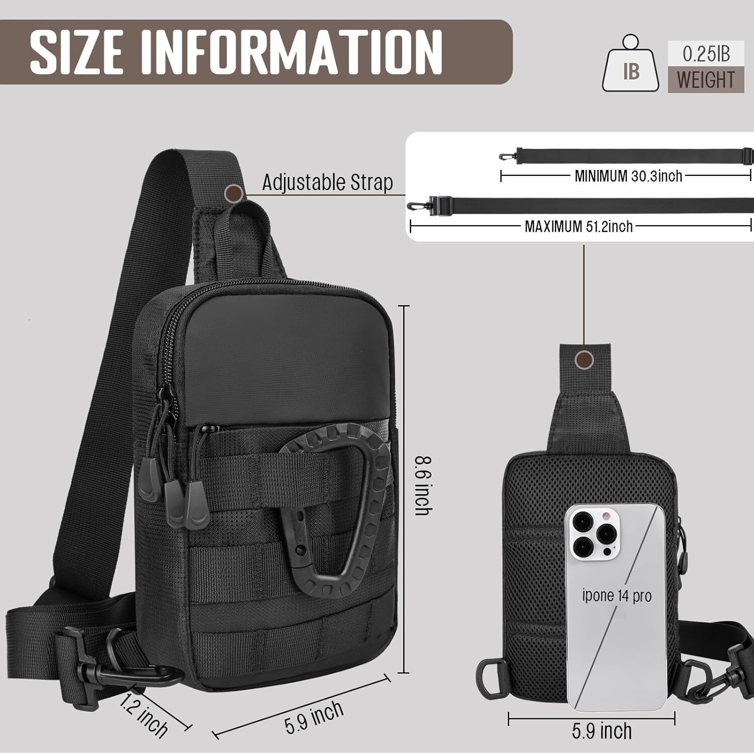 DHYMX Small Sling Men, Tactical designer bag Inspired Waterproof Utility EDC Mini Crossbody Chest Bag for Travel Work Sport Support customization