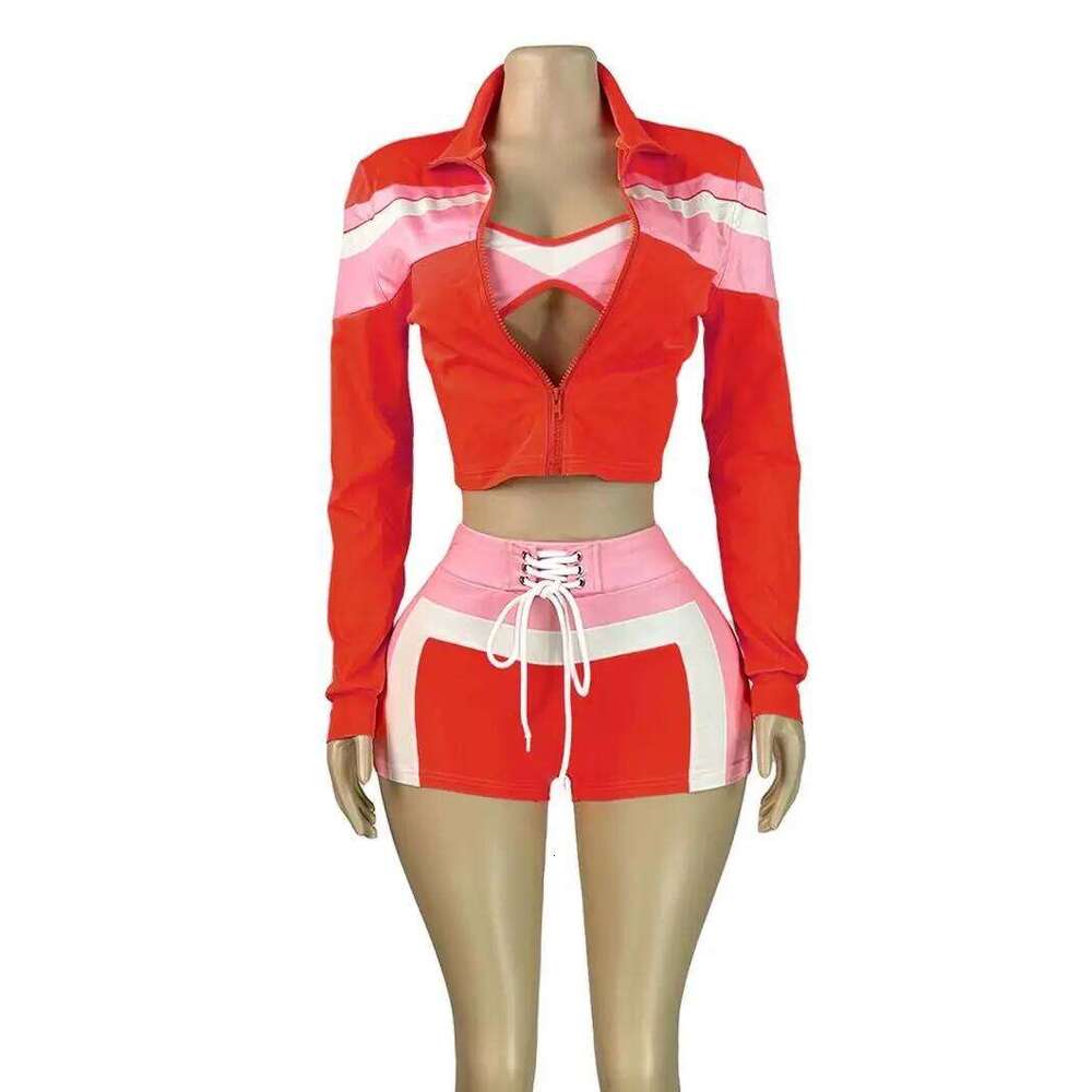Weird Puss Colorful Print 3 Piece Set Women Tracksuit Casual Zip Crop Tops+Bra+Shirring Shorts Matching Street Stretch Outfits