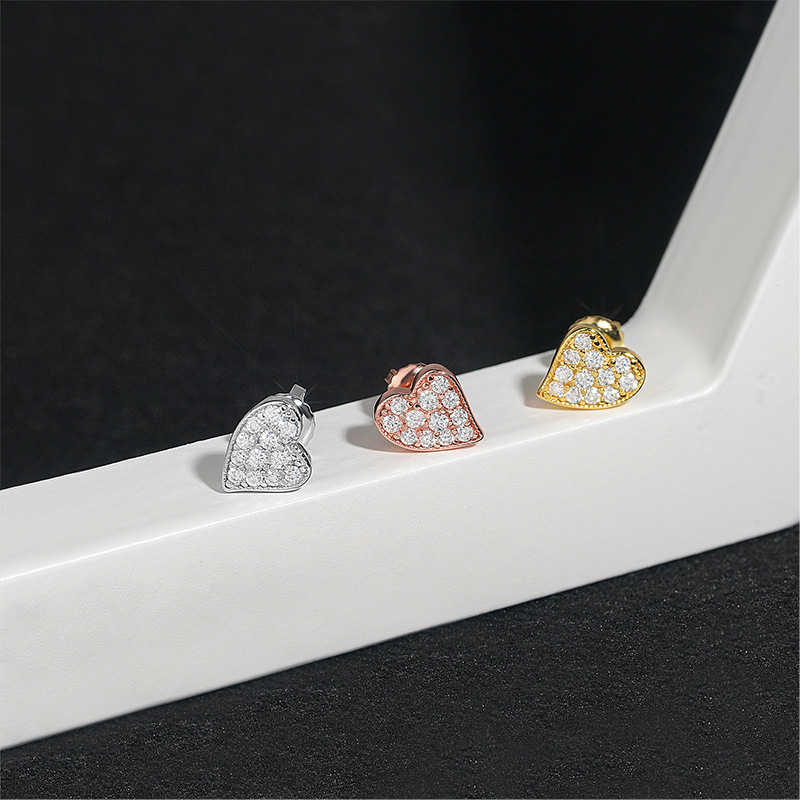 Special Design Sterling Silver Peach Heart White Rose Gold Small Stud Earrings Mini Heart Pave Moissanite Diamond Stud Earrings