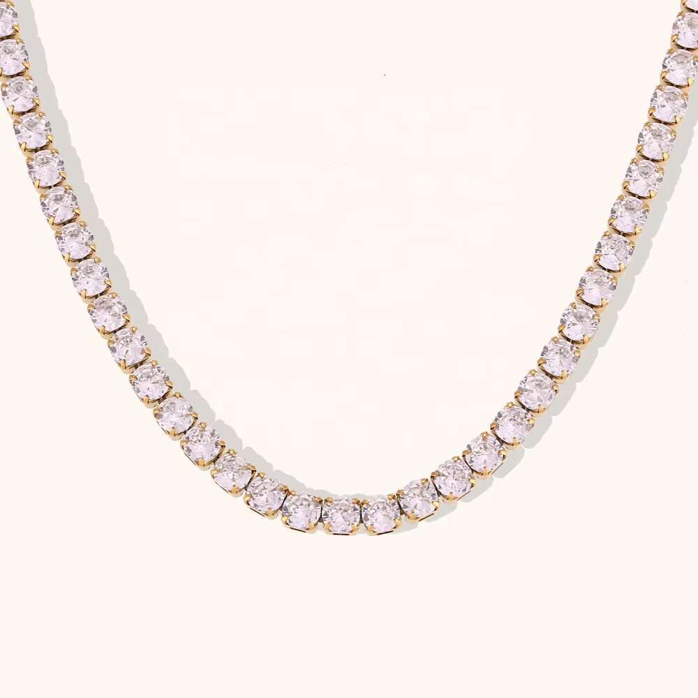 Dingran 2mm 3mm 4mm 5mm Shining Zircon Tennis Chain Necklace 18k Gold Plated Stainless Steel Choker Necklace