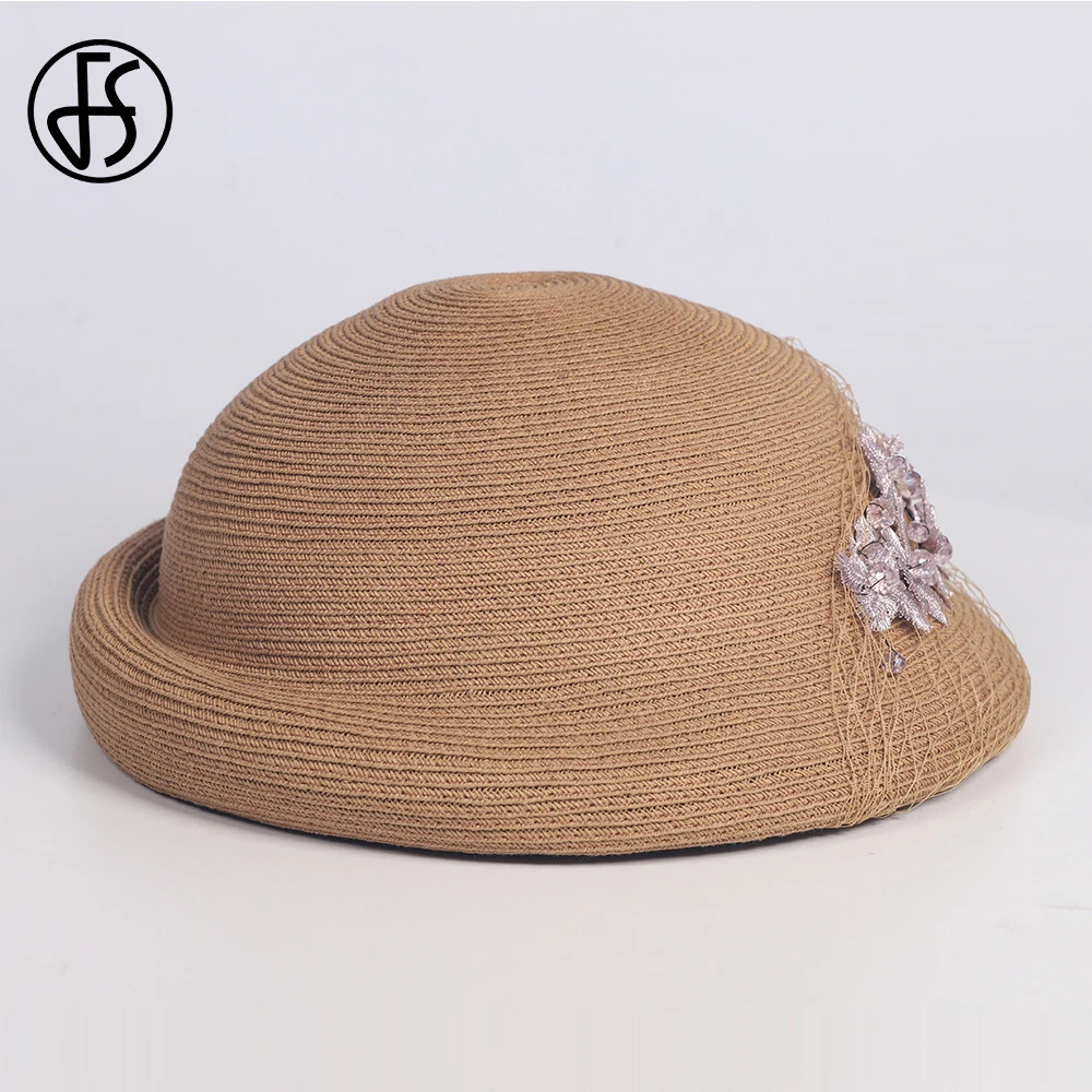 FS 2025 Summer Straw Fedora Camel Hat French Elegant Bow Fascinator Beret for Womens Cocktail Derby Party Church Wedding 250701