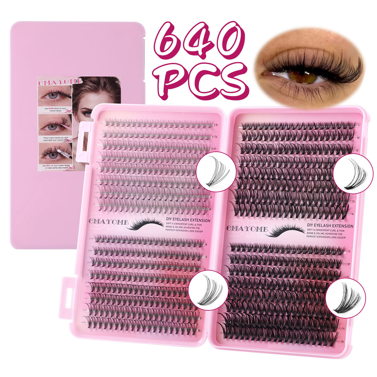 640Pcs DIY Individual Eyelashes Thick Fluffy Cluster Lashes Kit with Lash Bond & Seal Brushes Handmade Reusable DIY Segmented Eyelash Extensions Makeu