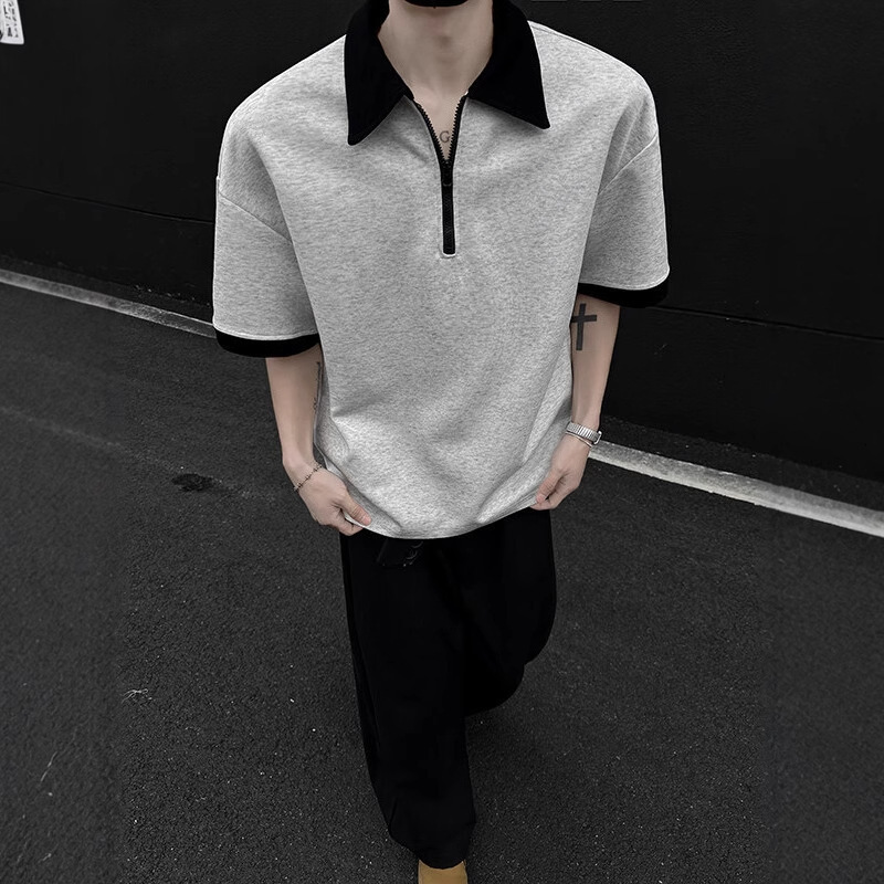 American Style Half-zip Polo Shirt Men Short Sleeve Summer Trendy Designer Short Sleeves Cool High Street Cleanfit Outfit Turn-down Collar T-shirt Top