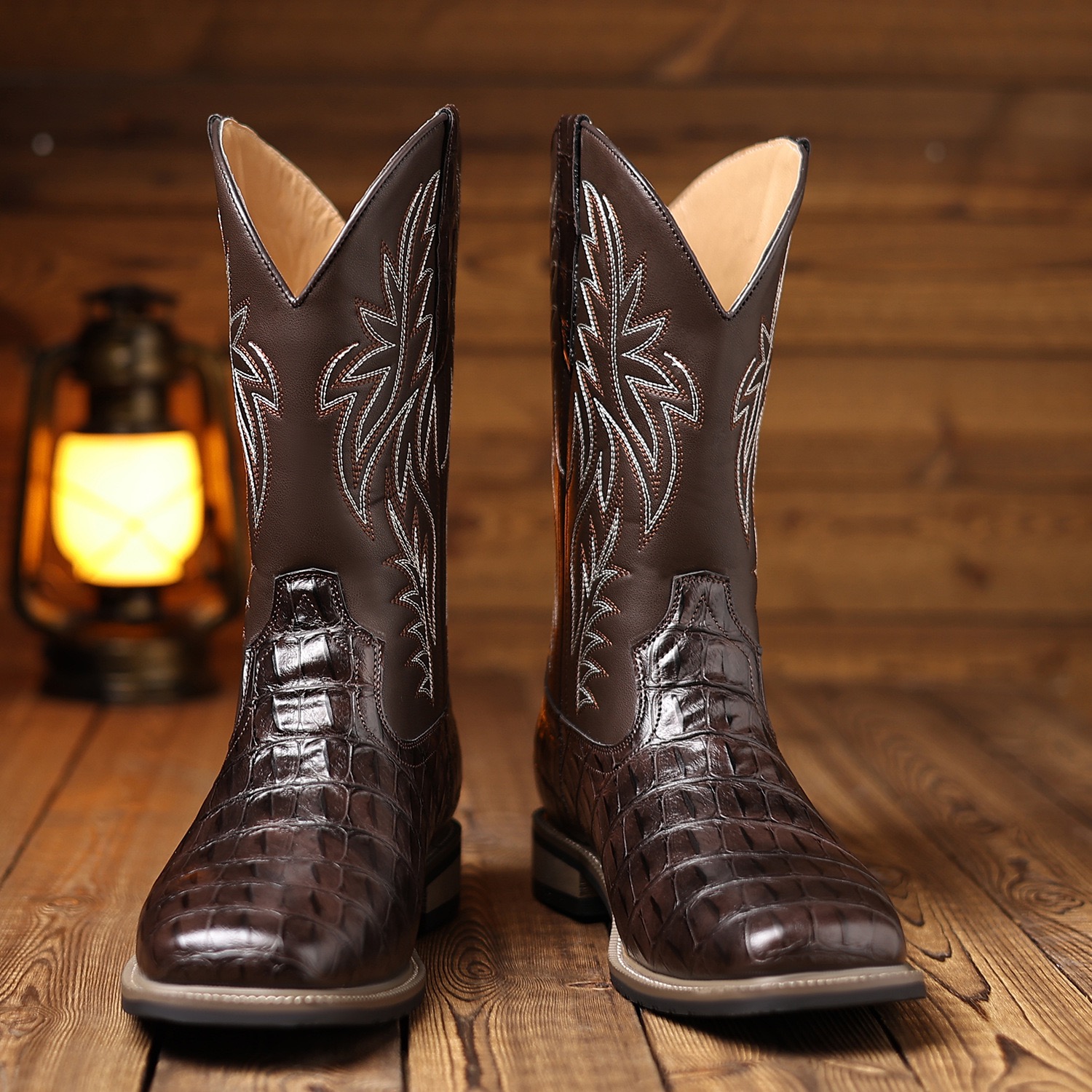 Crocodile pattern wooden root classic high tube embroidery retro wide head western cowboy boots