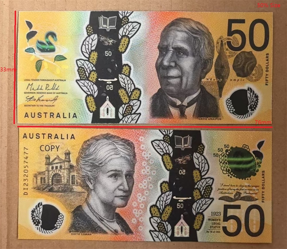 4A Realistic Prop Money Australian 20 50 100 AUD Banknotes Copy Money Replica Full Print Paper Play Movie Props Copy Money Laser Printing 100 PCS/Pack 76*33mm 50% Size