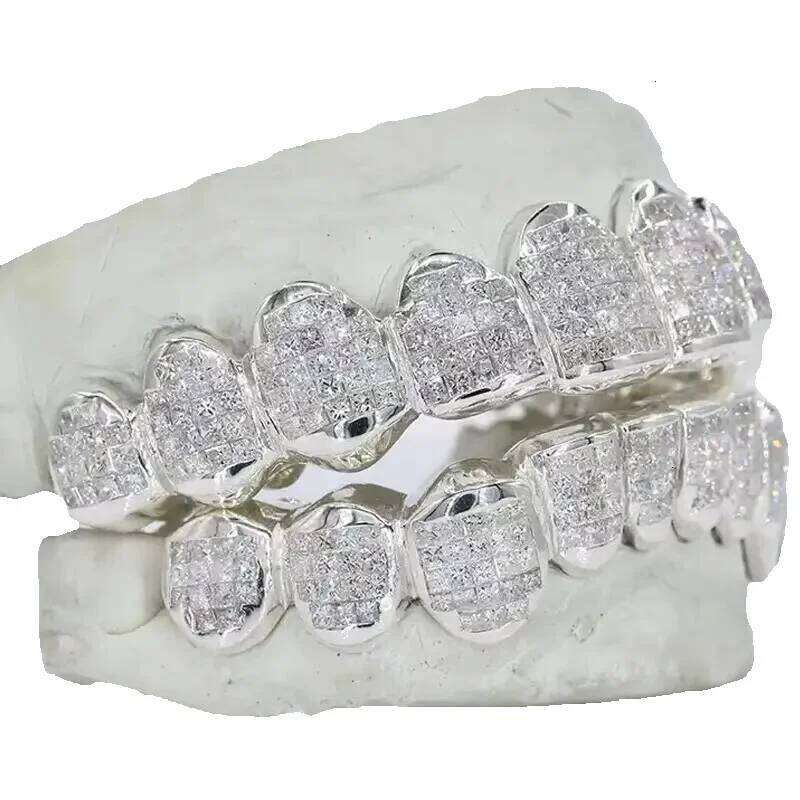 Teeth Custom Sterling Sliver Princess Cut Dia Grillz Iced Out VVS Moissanite Women and Men Hip Hop Jewelry