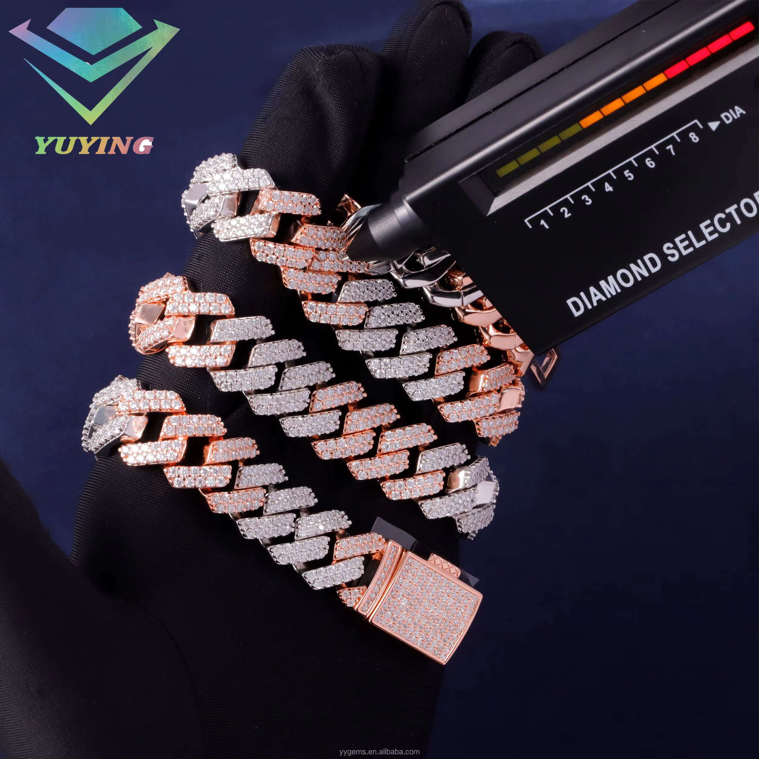 Hip Hop 2 Tones Rose and White Gold Iced Out VVS Moissanite 15mm 2Rows Diamond 925 Sterling Silver Cuban Link Chain