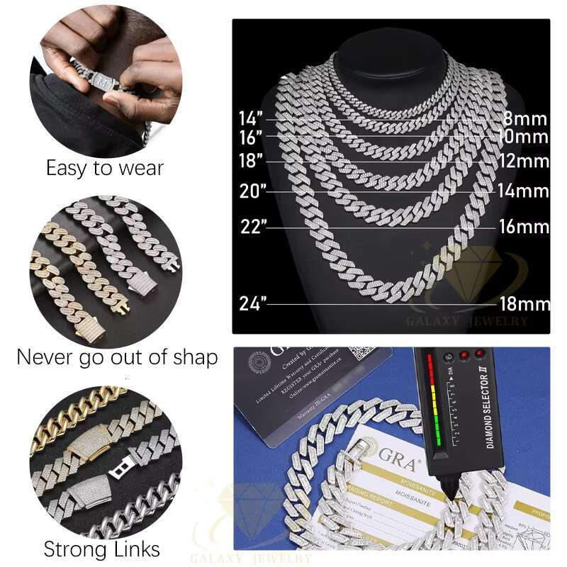 Hip Hop Jewelry Fashion 12mm Cuban Link Chain Choker Gold Silver Plated Full Diamond Moissanite Cuban Necklace Bracelet for Men