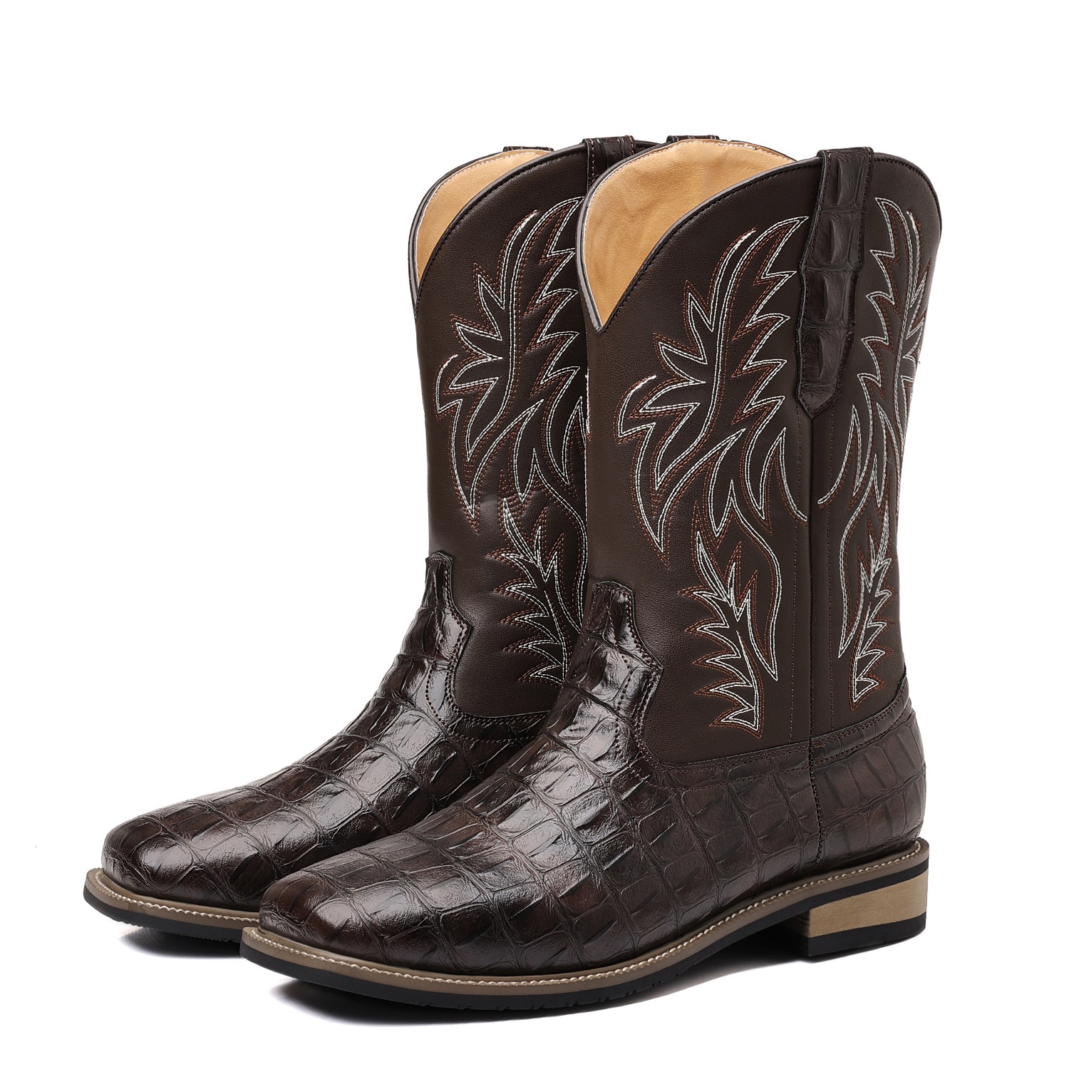 Crocodile pattern wooden root classic high tube embroidery retro wide head western cowboy boots