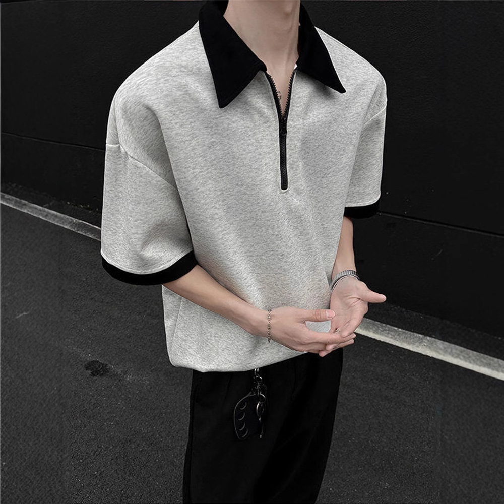 American Style Half-zip Polo Shirt Men Short Sleeve Summer Trendy Designer Short Sleeves Cool High Street Cleanfit Outfit Turn-down Collar T-shirt Top
