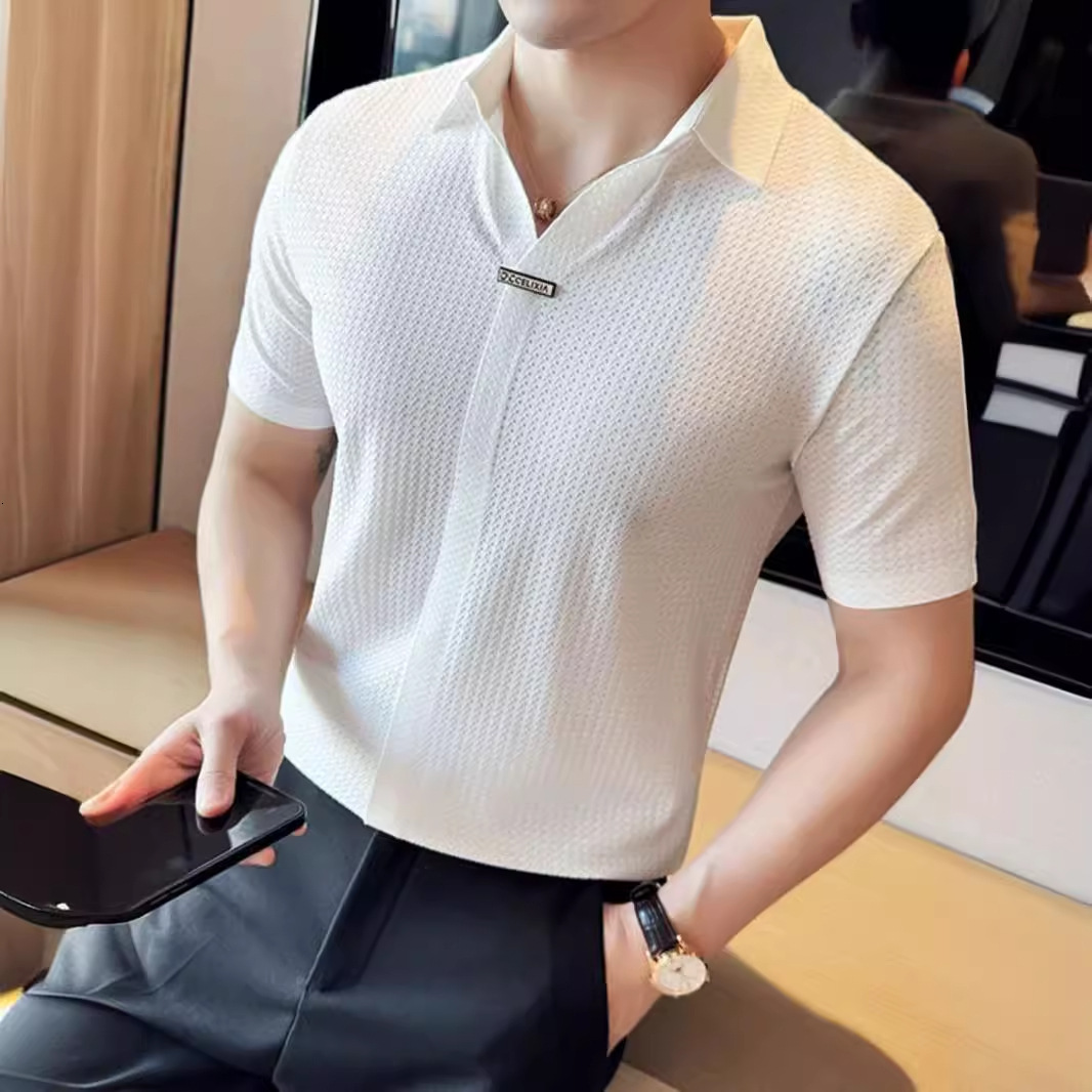 Designer Short Sleeves Summer Men's Short Sleeve Turn-down Collar T-shirt Trendy Korean Version Slim Fit British Style High Elasticity V-neck Ice