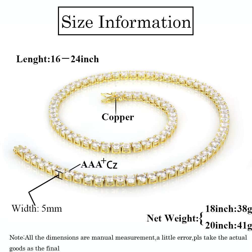 CHA003N Tennis Chain Necklace 18K Gold Plated Single Row 3mm 4mm 5mm 6mm Width Multi Sizes Zirconia Tennis Bracelet Necklace