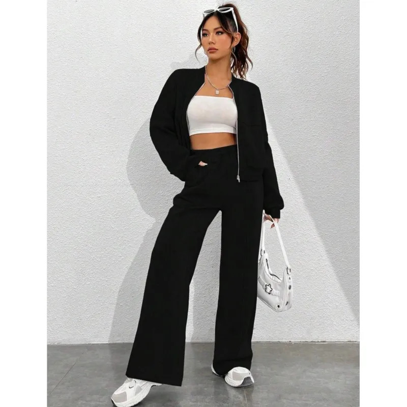Women Tracksuit 2 Pieces Set Fashion Long Sleeve Zipper Coat Casual Solid Sweatshirt Straight Pants Suit Ladies Autumn Sportswear 250704