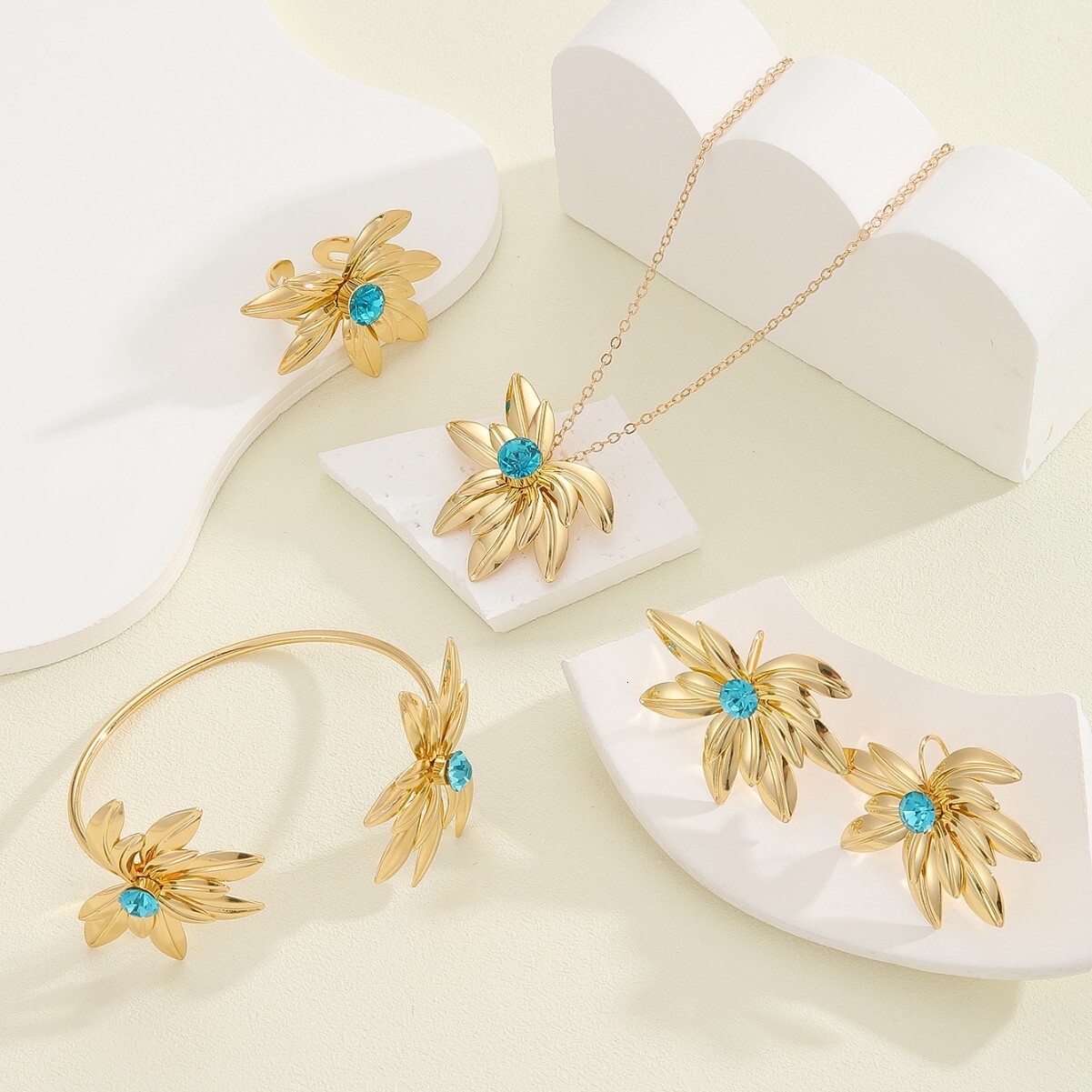 Golden Flower Leaf Ring Necklace Bracelet Pendant Jewelry Summer Beach Niche Versatile Set