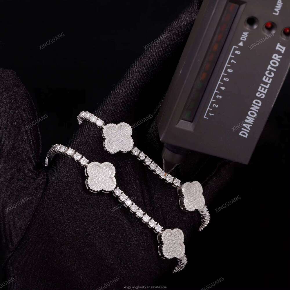 Fashion Four Leaf Gold Plated S Sier 3MM 4MM Mossanite Link Clover Charms Tennis Chain Jewelry Bracelet