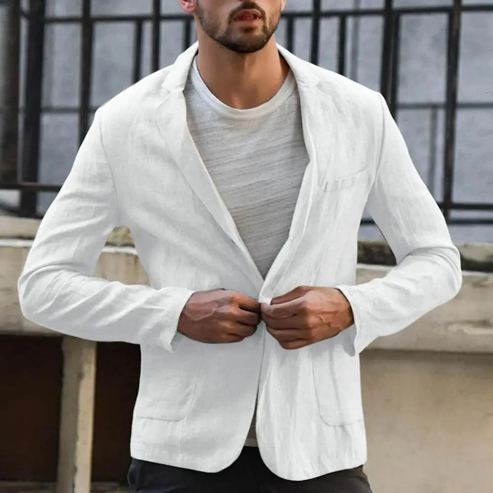 Cotton Linen Slim For Men Solid Color Long Sleeve Pockets Summer Coat Thin Male Casual Jacket Business Blazer 250628