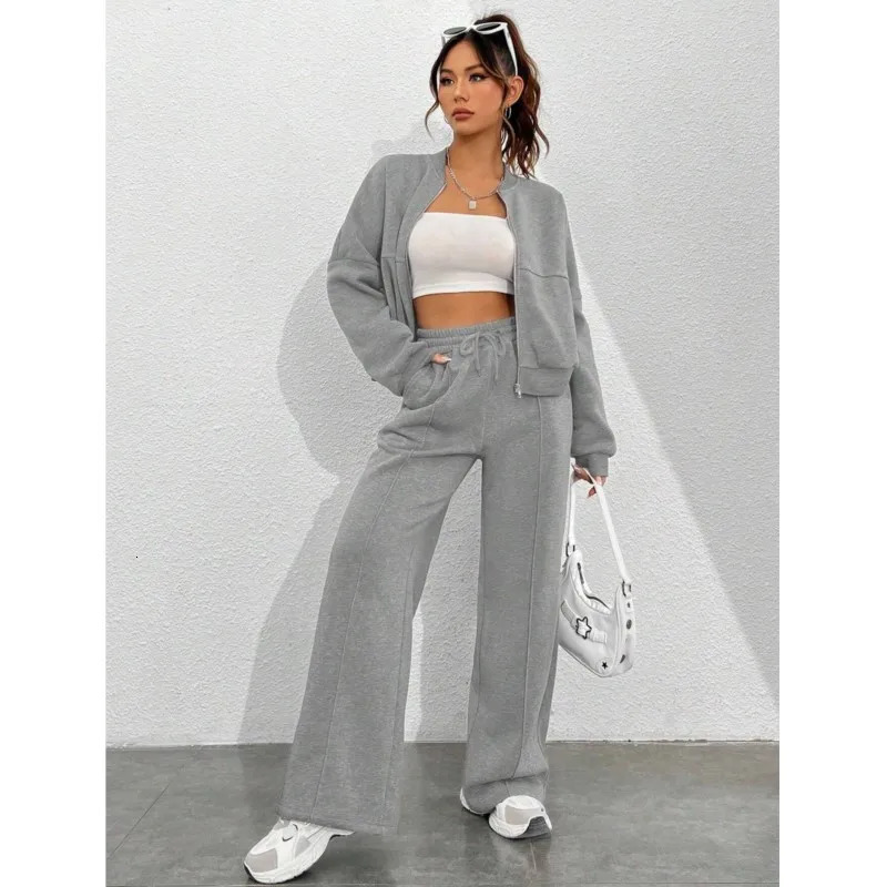 Women Tracksuit 2 Pieces Set Fashion Long Sleeve Zipper Coat Casual Solid Sweatshirt Straight Pants Suit Ladies Autumn Sportswear 250704