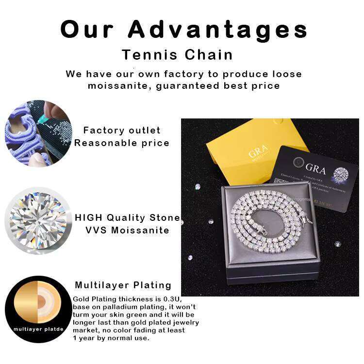 6 to 24 Inches Sterling Sier VVS Moissanite Dia Tennis Chain for Men Women Fine Jewelry Necklace Bracelet