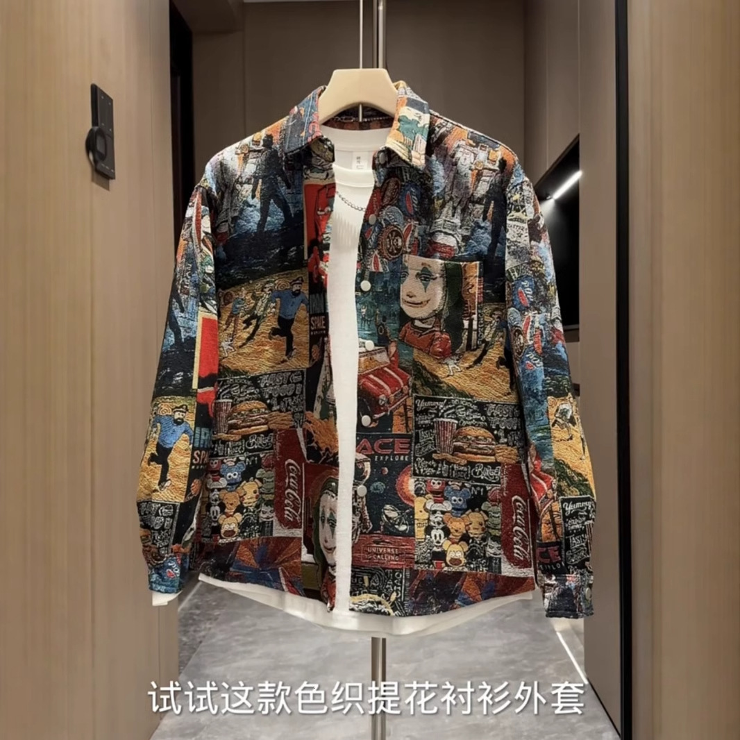 Spring And Autumn New Men's Trendy Color-woven Jacquard Designer Short Sleeves Painted Shirt Unisex Fashion Versatile Loose Casual Jacket