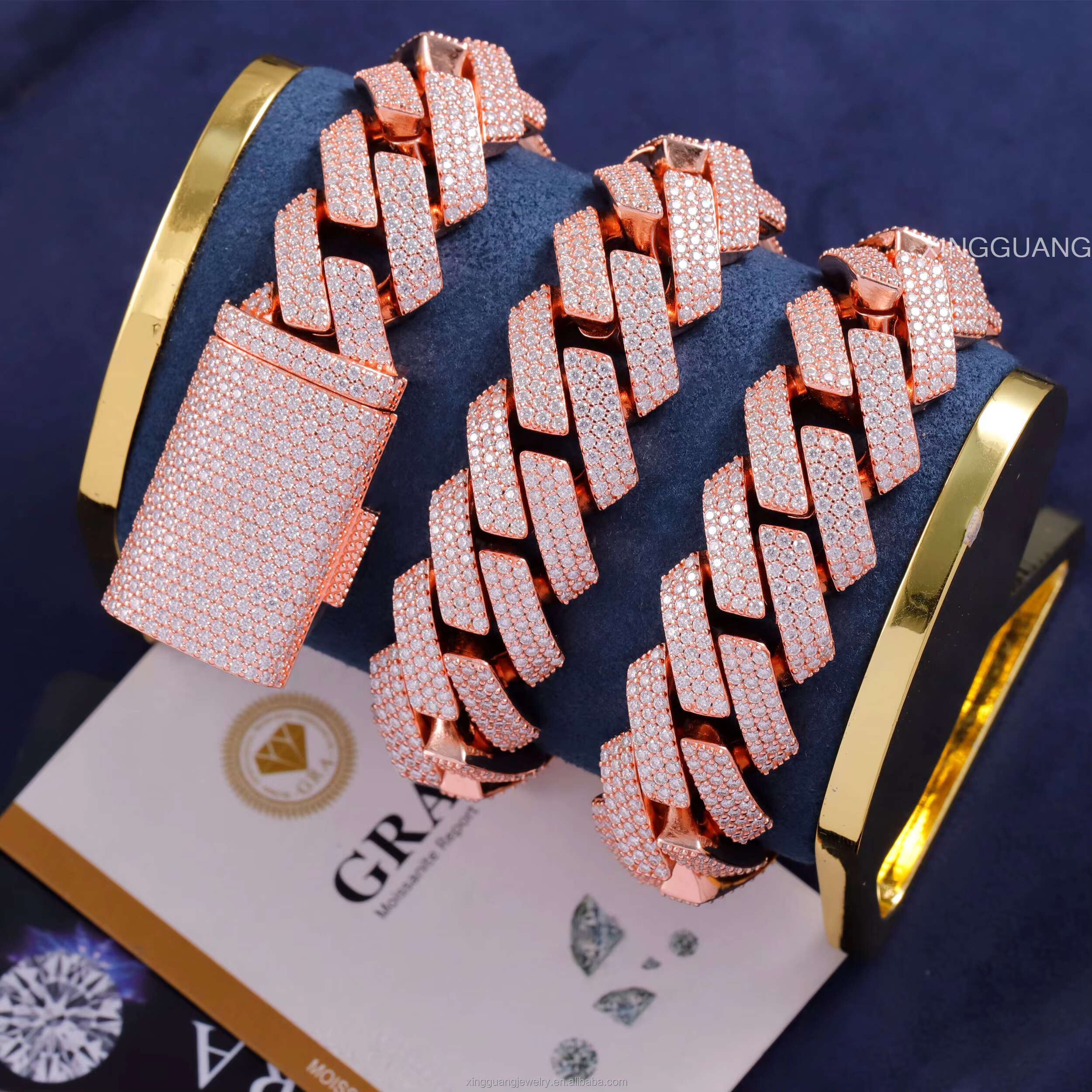 Factory Price 20mm Rose Gold Plated 3rows Cuban Chain S925 Silver With VVS Round Moissanite Hip Hop Necklace Cuban Link Chain