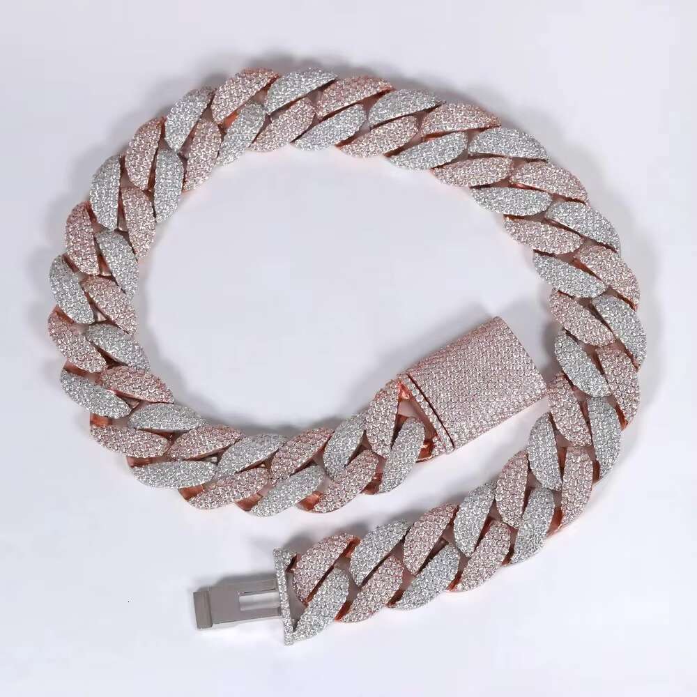 22 Inch Hip Hop Cuban Chain Round Cut Moissanite Diamond Sterling Silver Jewelry Collection for Men Rose and White Cuban Chain