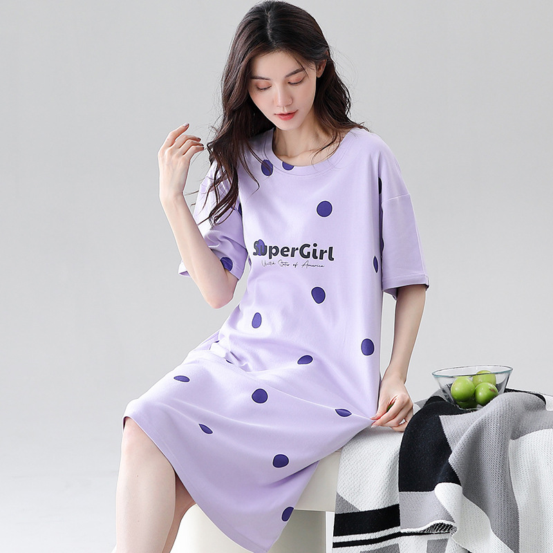 B958-High quality pure cotton nightdress women's short sleeve summer thin cotton long large size summer cotton pajamas home clothes