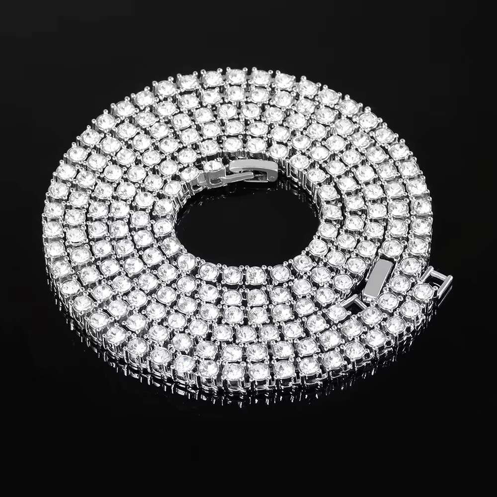 4mm Single-Row Tennis Chain Full Diamond Alloy Rhinestone Necklace Gold Plating Hip-Hop Style Featuring Silver Brass Pearl Link