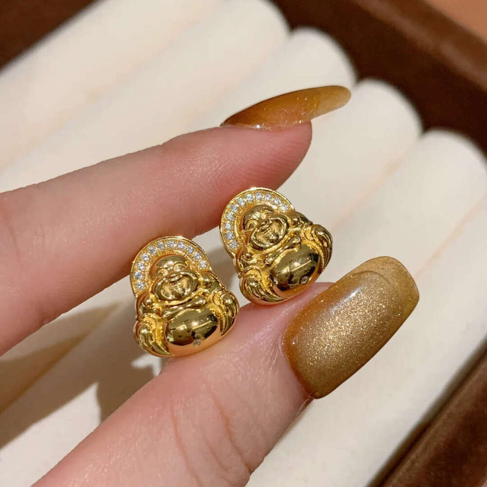 New Chinese Style Mini Small Fashion Exquisite Inlaid Dia Gold-Plated Maitreya Buddha Earrings for Women f37