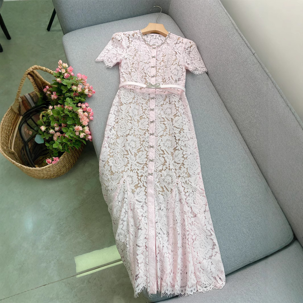 2025 Summer Pink Floral Lace Belted Bow Dress Short Sleeve Round Neck Buttons Midi Casual Dresses GL5L18 Check Size Chart Please