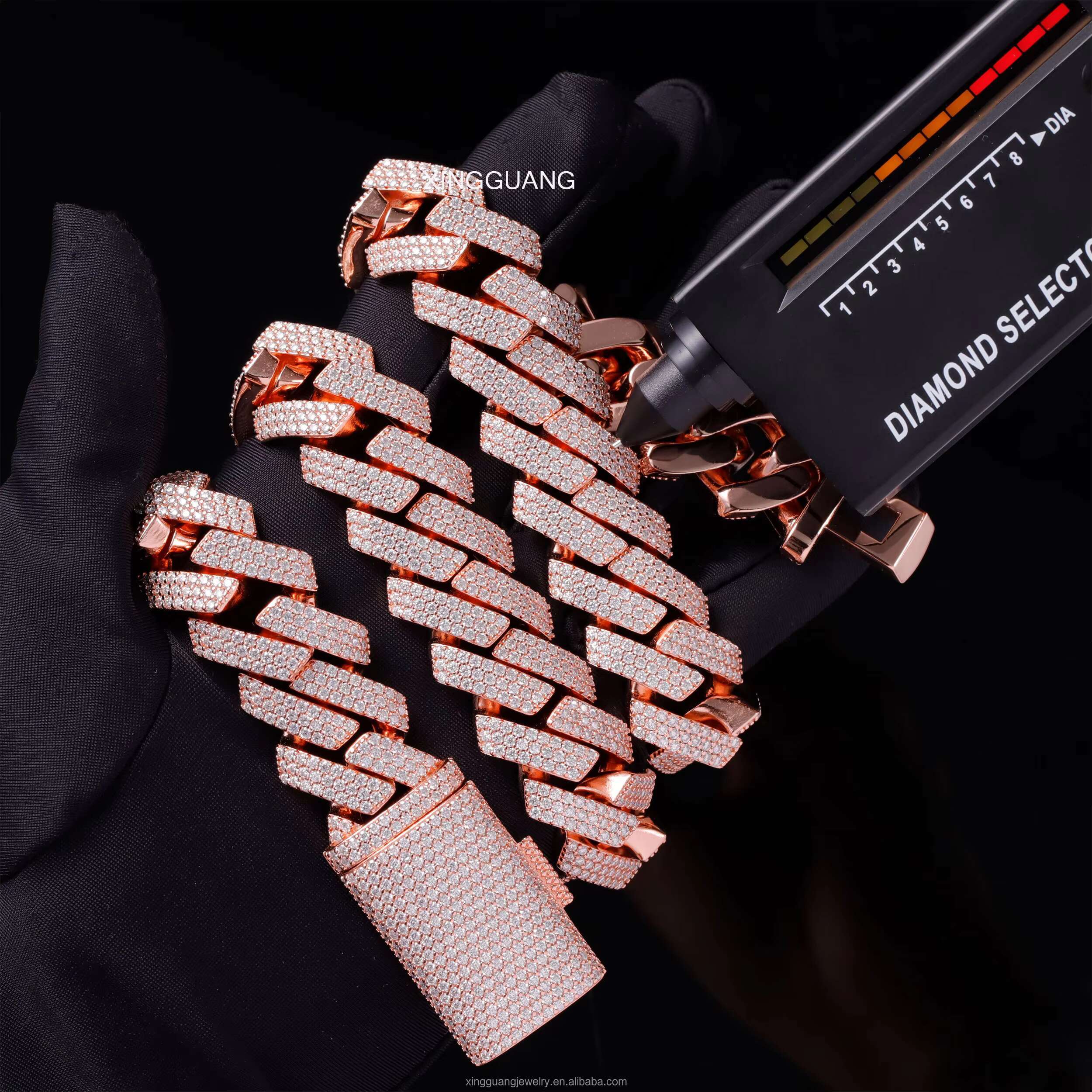 Factory Price 20mm Rose Gold Plated 3rows Cuban Chain S925 Silver With VVS Round Moissanite Hip Hop Necklace Cuban Link Chain