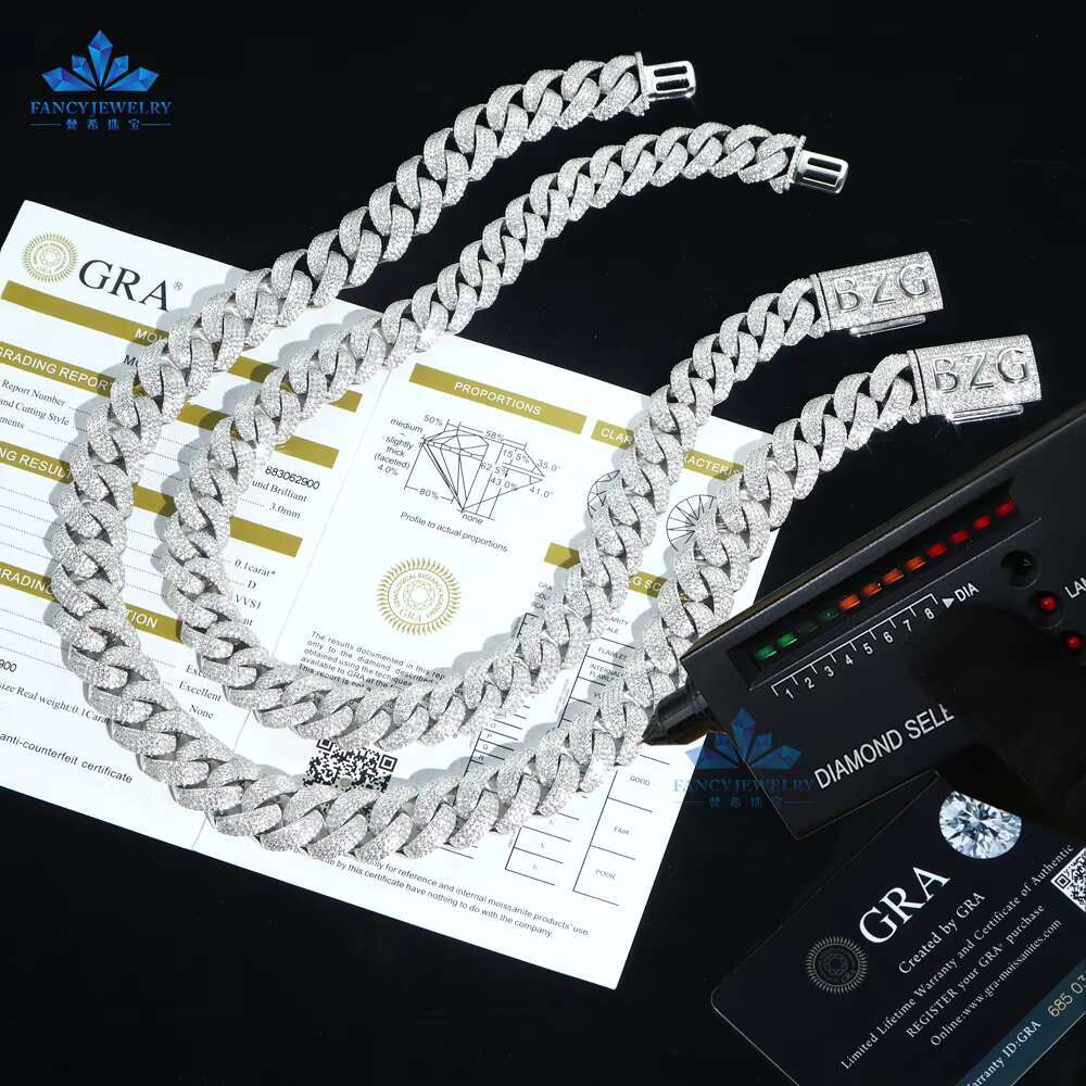 92.5% Silver Hip Hop Jewelry Classic Moissanite Cuban Chain 8mm-15mm Iced Instock Link Chain Pass Diamond Test Perfect Gift