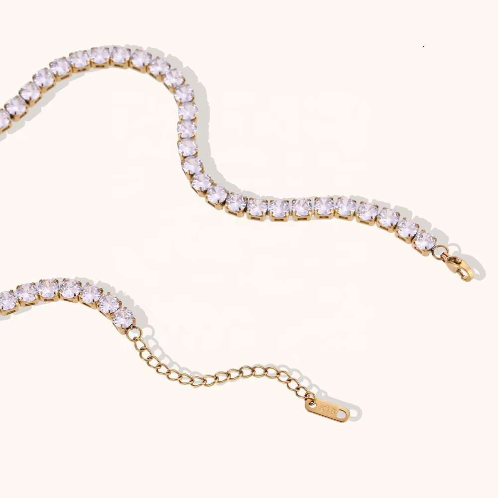 Dingran 2mm 3mm 4mm 5mm Shining Zircon Tennis Chain Necklace 18k Gold Plated Stainless Steel Choker Necklace