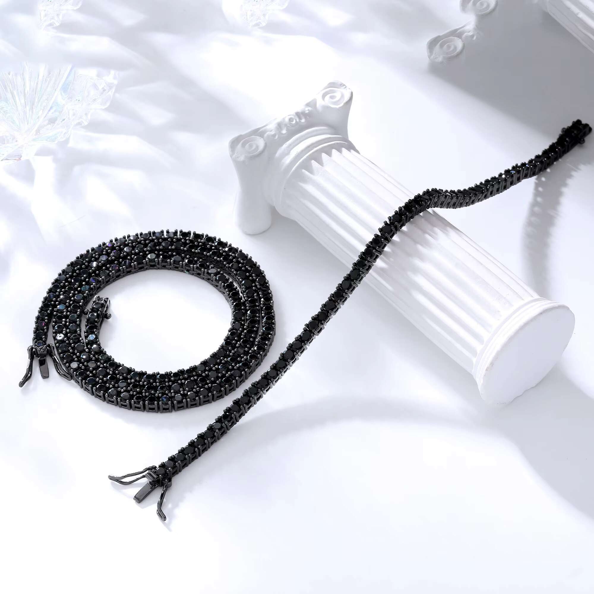 Fine Jewelry 3mm Round Cubic Zircon Black Gold Necklace Hip Hop Jewelry Black Stone Tennis Chain Men Necklace