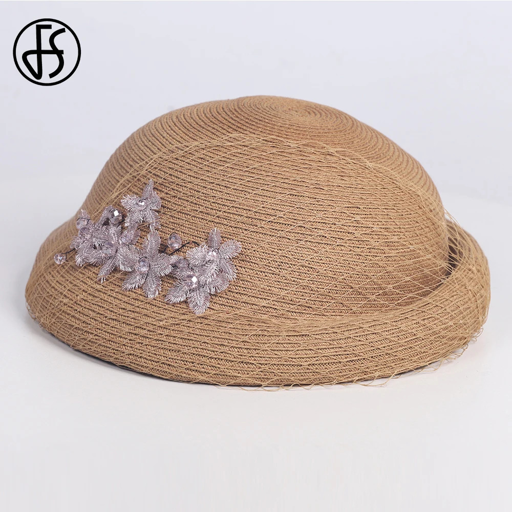 FS 2025 Summer Straw Fedora Camel Hat French Elegant Bow Fascinator Beret for Womens Cocktail Derby Party Church Wedding 250701