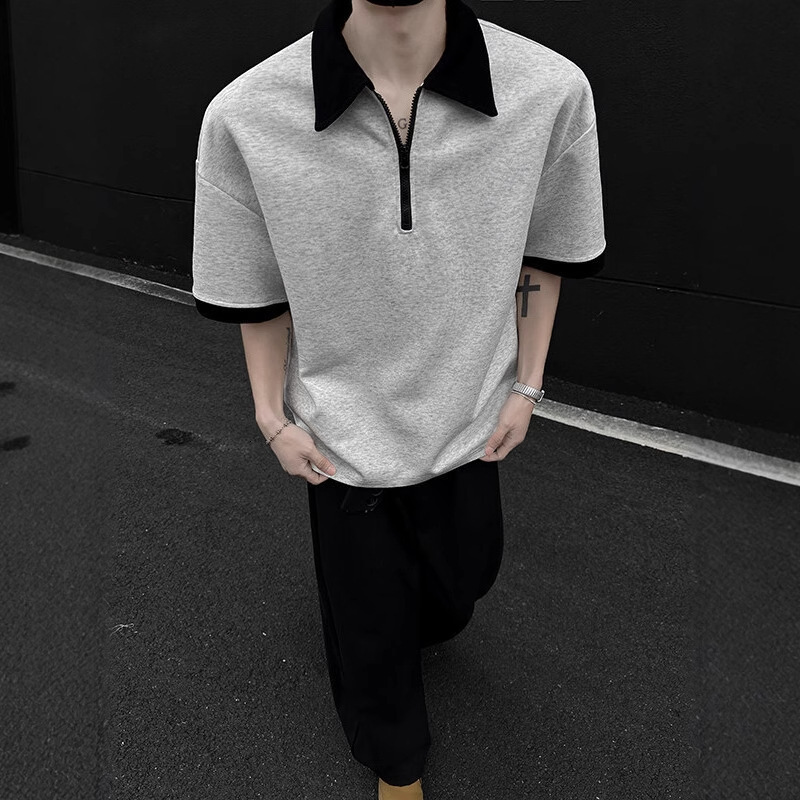 American Style Half-zip Polo Shirt Men Short Sleeve Summer Trendy Designer Short Sleeves Cool High Street Cleanfit Outfit Turn-down Collar T-shirt Top