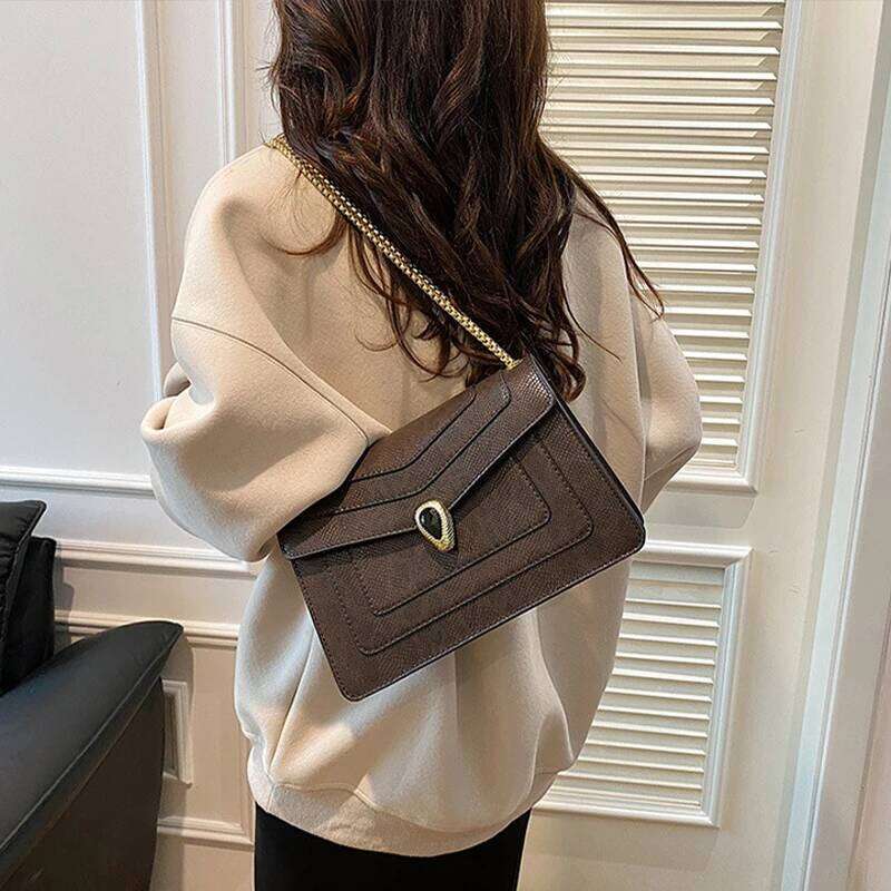Women's Small Square Design Crocodile Leather Shoulder Gem Buckle Flap Crossbody Bag Evening Chain Handbag - view 4