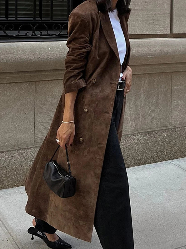 Suede Trench Coat Long Jacket Retro Brown Loose Suit Collar Pocket Overcoat Slimming Silhouette Women Windbreaker Outwear Spring 250704